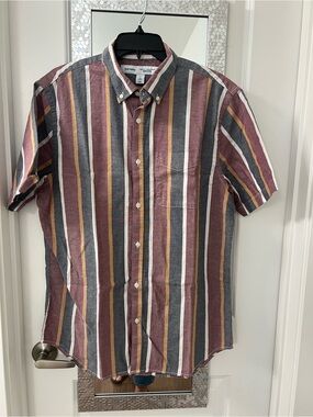Old Navy Men’s Short Sleeve Striped Button-Down Shirt - Maroon, Gray, Mustard